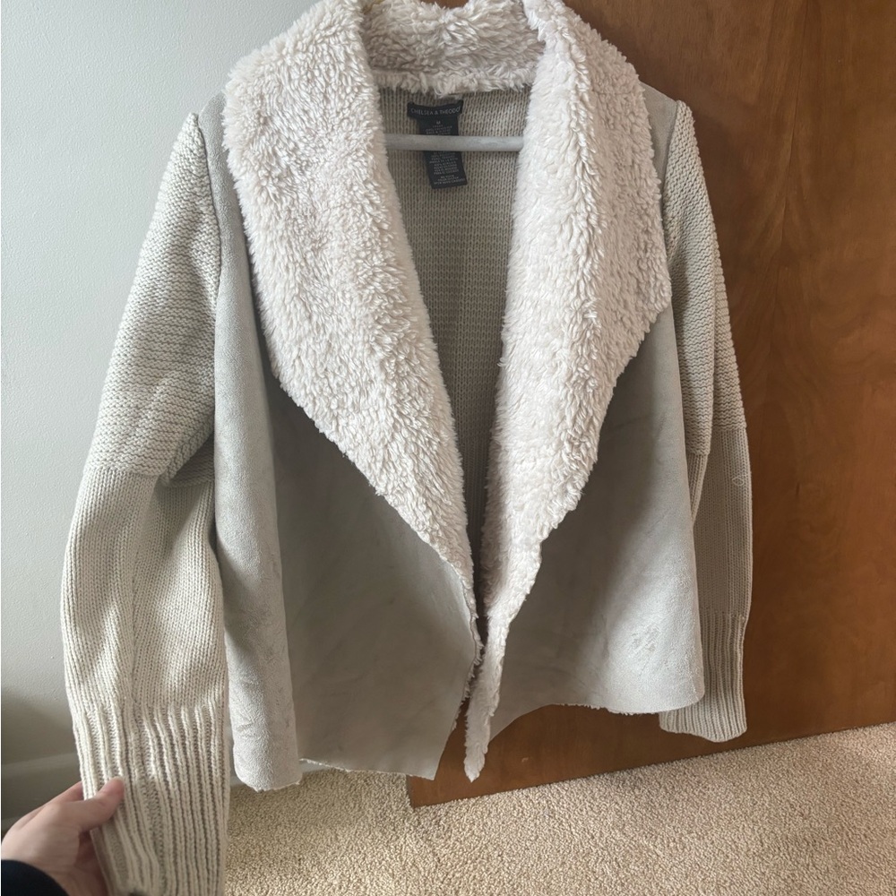 Chelsea & Theodore Faux-Shearling Open Cardigan - Oyster
